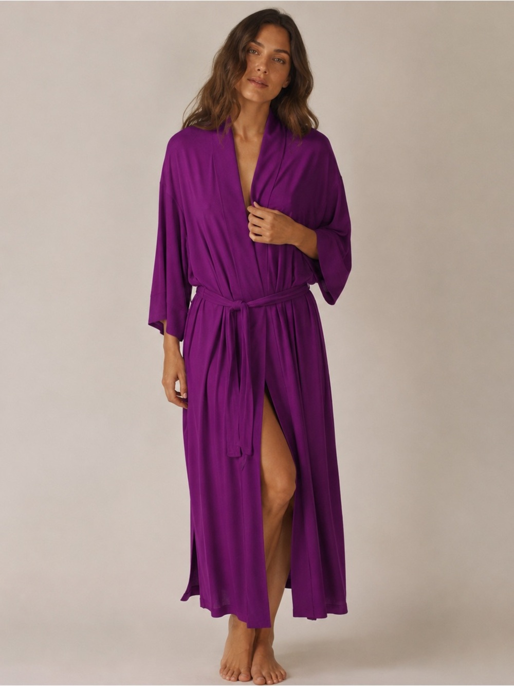 Natori Congo Soft Jersey Maxi Kimono Robe S Purple Kaftan Lounge Sleep Resort
